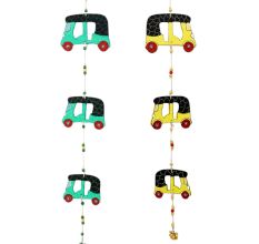 Handmade Wooden Auto-Rickshaw Wall Hanging for Home Decor - Green, Yellow